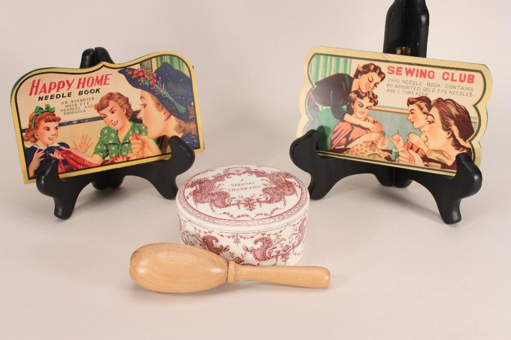 Vintage Sewing Needles and Trinket Box: Spode trinket box, wood darning egg with handle, and two packets of vintage needle books