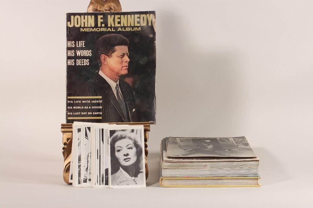 Film History Books and Ephemera: Include black and white vintage head shots, Book titles include- Immortals of the Screen, Four Dark Days in History, John F Kennedy Memorial album, and more 