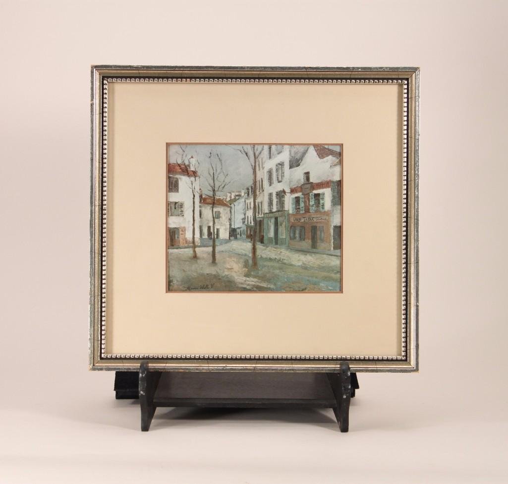 Maurice Utrillo .V. Street Scene Print: Artist signed, with silver tone frame measures 15" x 14" 