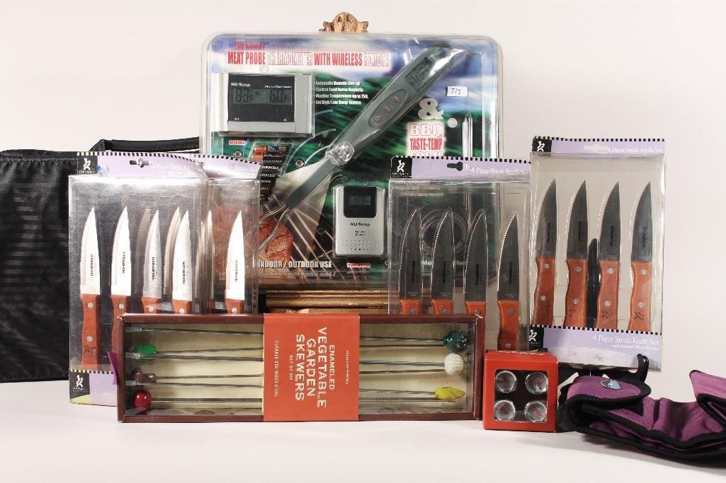 Barbeque Utensiles: items include: mini grilling thermometers, Gourmet four piece steak knife set, vegetable skewers, BBQ Taste-Temp Set (NIB), and more. 