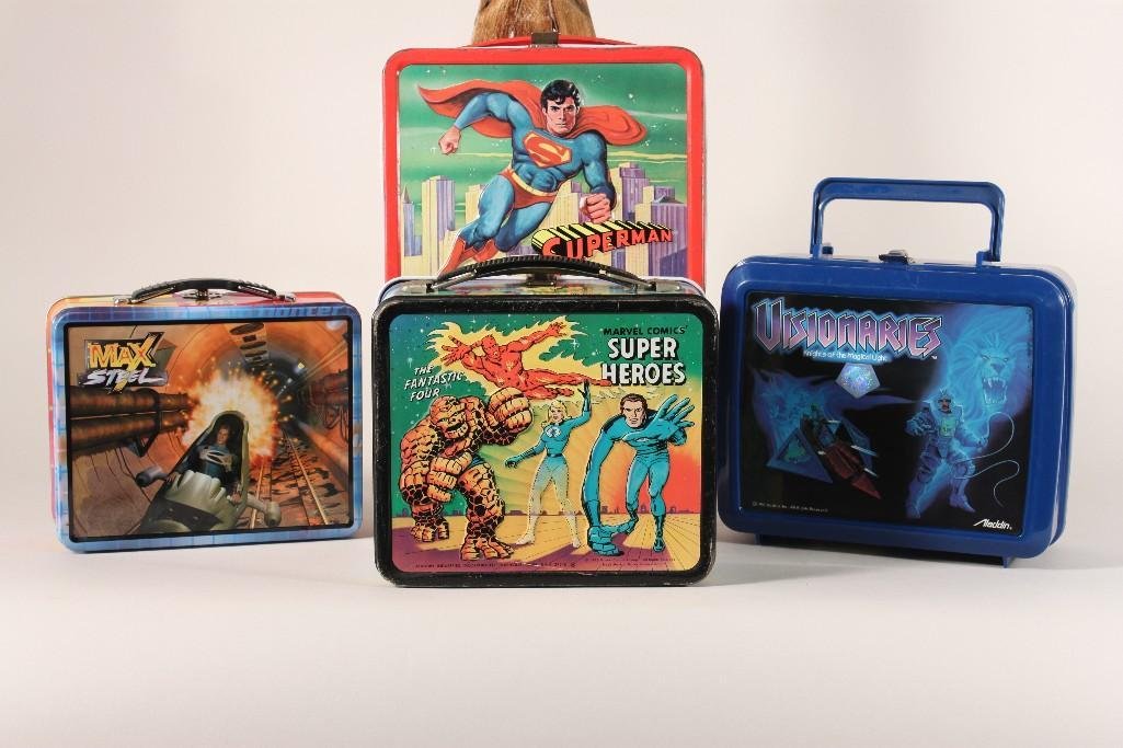 Vintage Lunch Boxes (4): 1978 steel super man lunch box (shows some wear), 1976 Marvel Comic Super Heroes steel lunch box (shows some wear), 2000 Max Steel lunch box, 1987 Visionaries plastic lunch box with thermos bottle (go