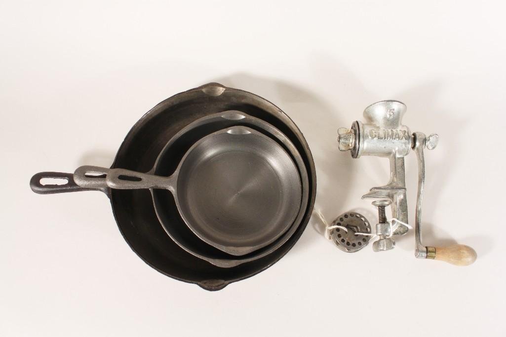 Cast Iron Frying Pans (3) & Meat Grinder: Frying pans sizes are 6.5", 8", and a 10.5" all are made in Korea, and a Climax table mount meat grinder