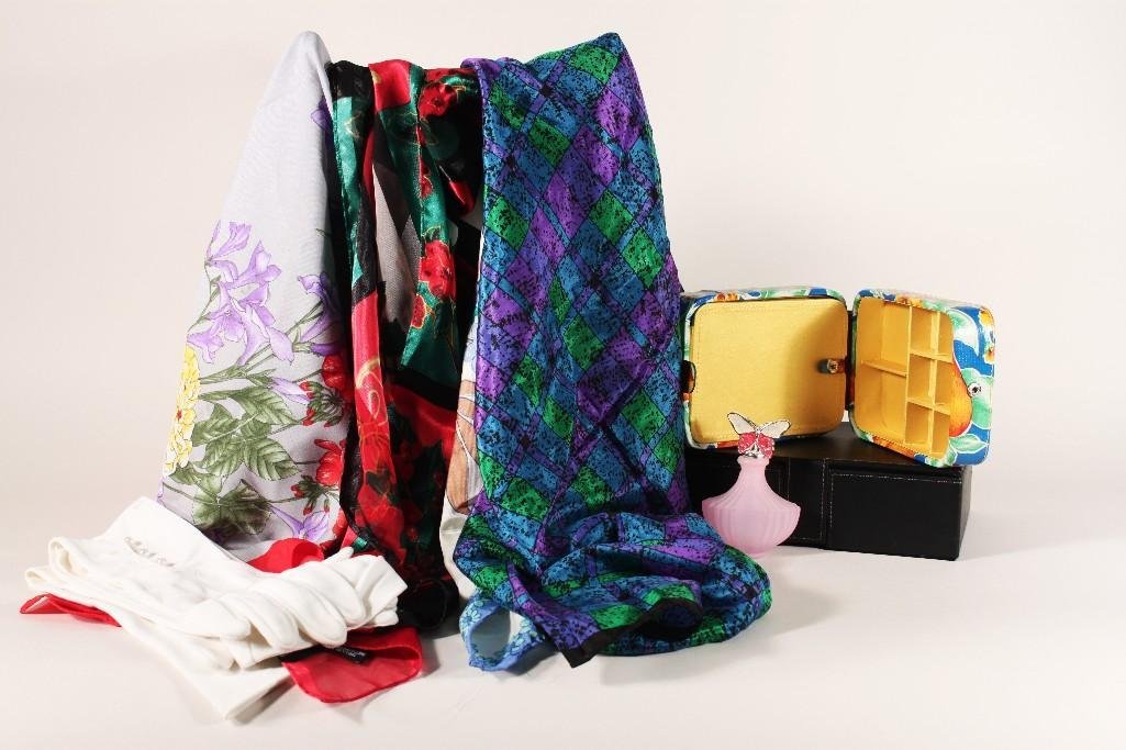 Ladies travel Jewelry Boxes, Gloves and Scarves: two jewelry travel boxes, perfume bottle, pair of white full length gloves with faux pearl buttons and 4 fashion scarves