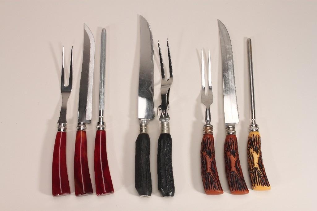 Carving Tool Set: Corn handled fork, knife,and sharpener, black antler set, and a plastic handle three piece set