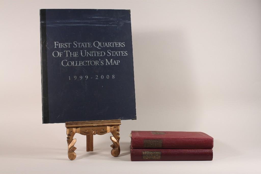Vintage Stamp & Coin Collection: (2) Wildlife Stamp Albums collection, and one First State Quarters of The United States Collectors Map 1999-2008 missing some quarters 