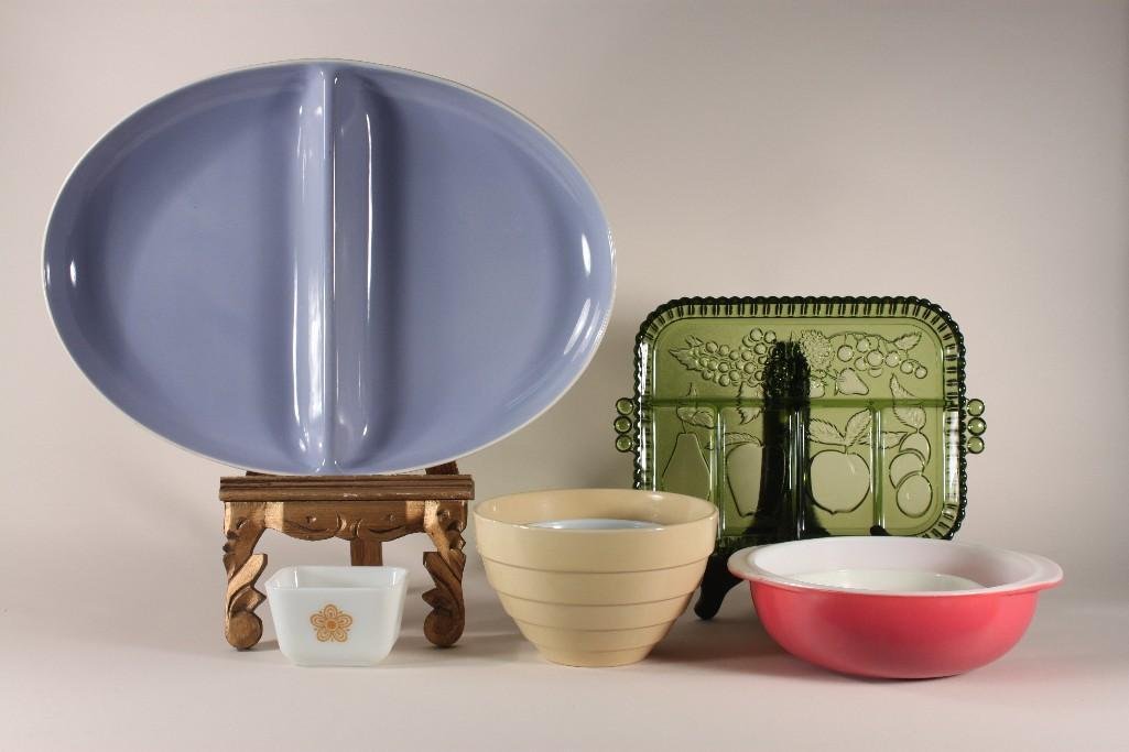 Mixing Bowls and Platters: Vintage Pyrex mixing bowls, stoneware 5" tall mixing bowl, vintage green glass apitizer tray, 11" x 9", a 18.5" divided platter marked Home Thailand, and more 