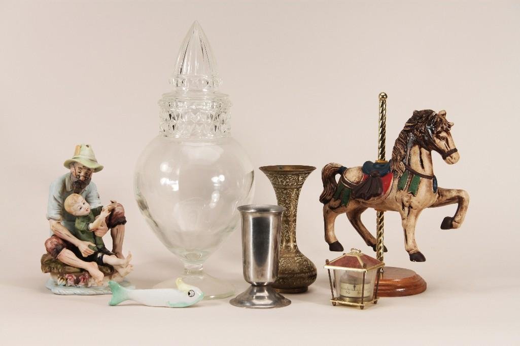 Table Decor (7): Items include: 6" tall brass vase stamped made in India, grandpa and boy figurine stamped 2807 (missing fishing pole), 9.5" carousel horse with a made in Taiwan sticker, a clear glass j