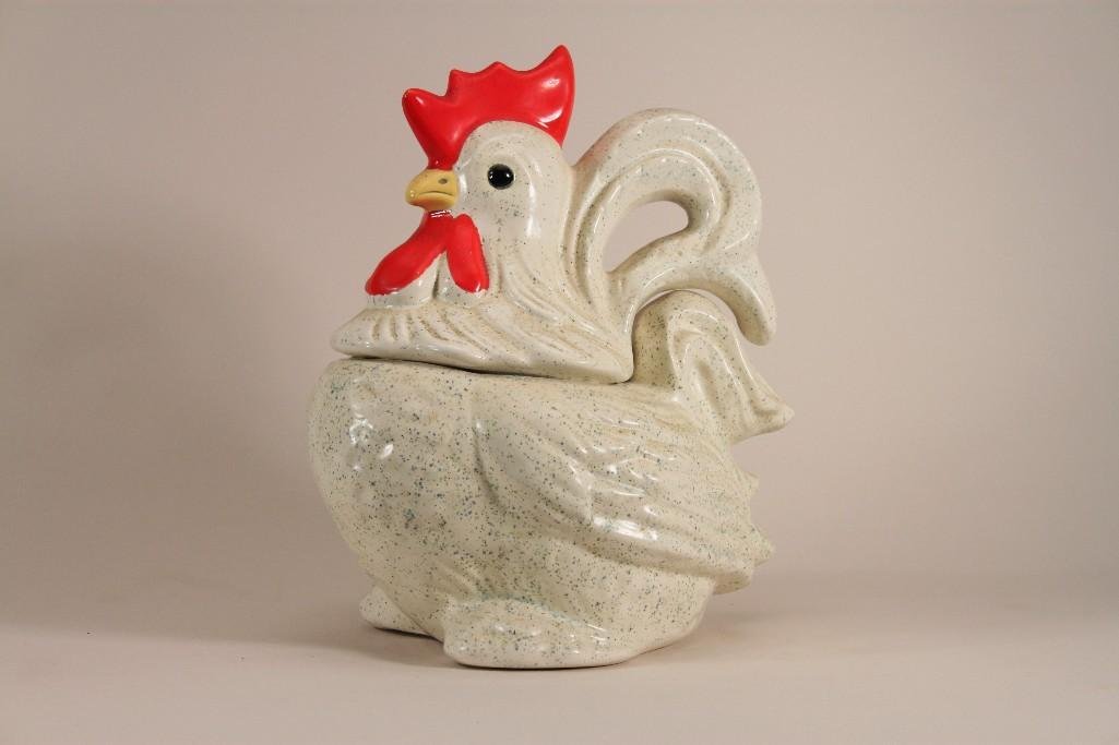 Fuki Rooster Cookie Jar: measures 11" tall, red paint shows some wear.