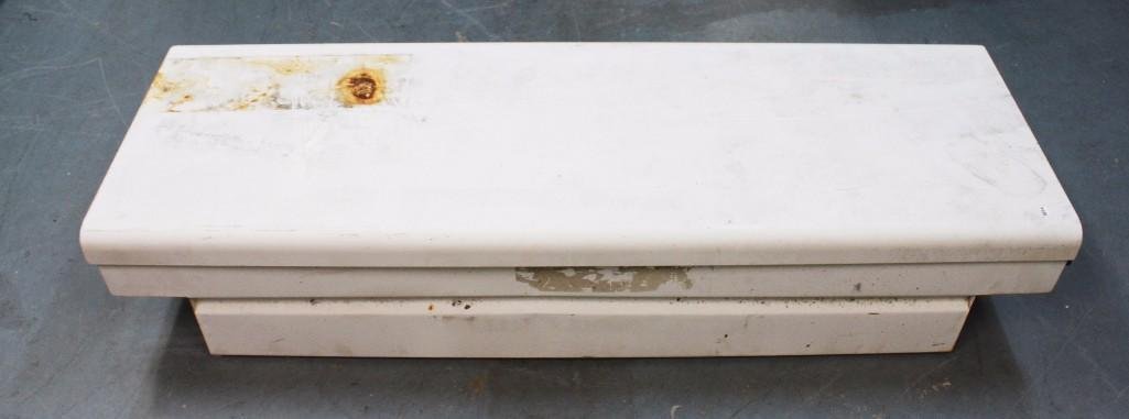 Truck Bed Tool Box with Contents: White metal tool box has moveable plastic tray 60.5" x 11" x 20.5, contents include tire irons, hand brooms, and more, has some rust and shows some wear
