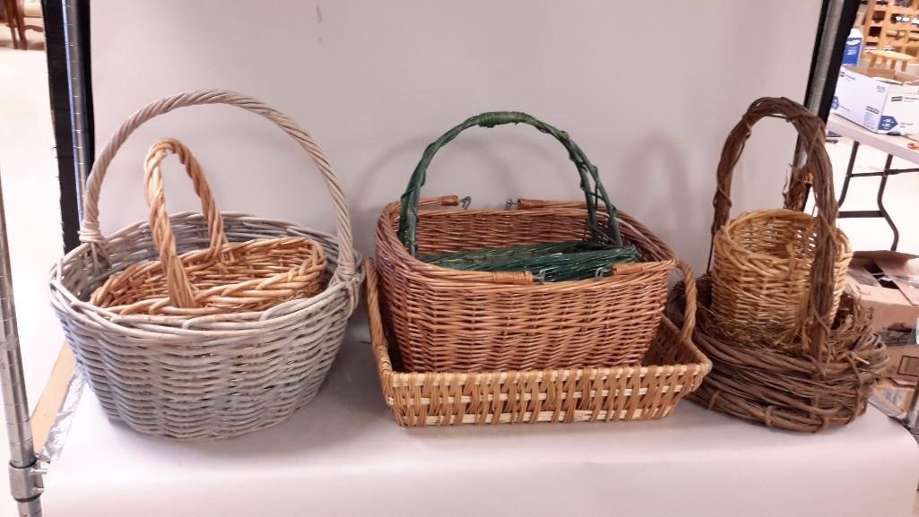Decorative Baskets (8): Nice selection of various sized handled baskets, size range from 11"-17" tall