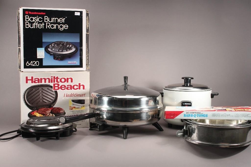 Small Kitchen Appliances and Bake Ware: Items include Automatic Electric Rice Cooker, Electric Frying pan, Toast Master Basic Burner, baking pans and more 