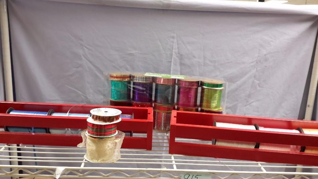 Gift Wrap Ribbon Dispensers and Ribbon: Lot includes 2 wood ribbon dispensers that hold 4 large spools of ribbon each, Kirkland Luxury Curling Ribbon (1,000 ft.) and 3 spools of ribbon.