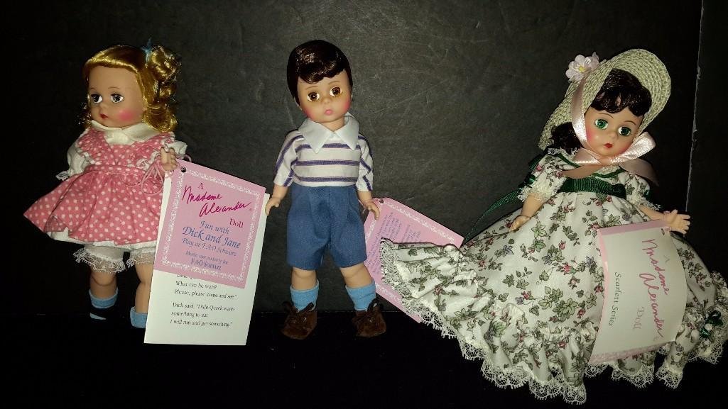 Madame Alexander Dolls (2): The Scarlett series Scarlett picnic 8" doll 1994, and Fun With Dick & Jane Dolls made exclusively for FAO Schwarz both are 8" tall, mint in box 
