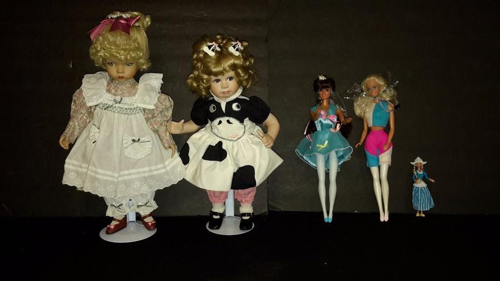 Porcelain & Barbie Dolls (5): One Dianna Effner 9922C 15" tall doll, Becky From the Hamilton Collection porcelain doll 1993 /no. 1298F, 1976 11" Olympic Barbie Doll, 1990 Mattel Ballerina Barbie Doll, and
