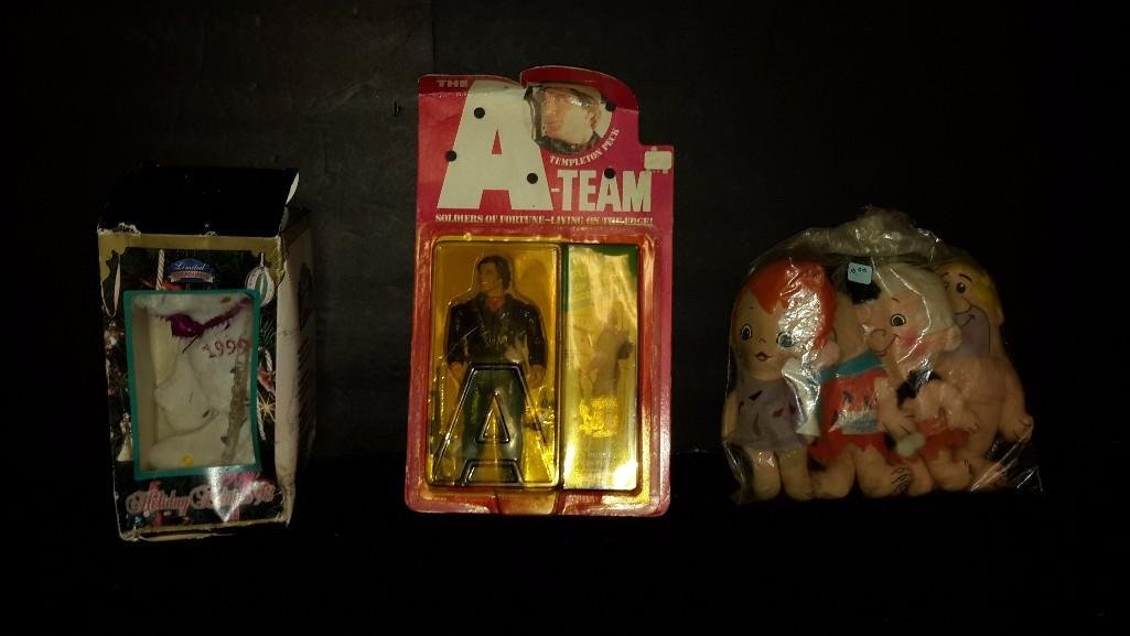 Vintage Collectible Toys (3): 1983 The A Team action figure, the Flinstones knickerbocker cloth dolls (4), and 1998 limited treasure plush bear
