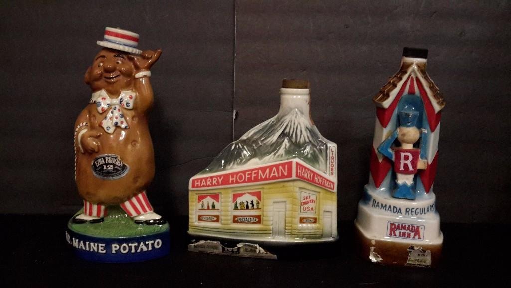 Jim Beam Decanters (3): `1973 Mr. Maine Potato, 1976 Ramada Inn decanter, and 1969 Harry Hoffman Liquors