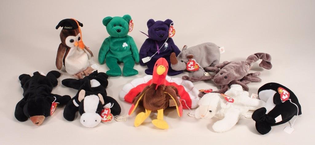 Ty Beenie Babies (10): Names include Princess, Waves, Spike, Gobbles, Daisy, Fleece, and others 