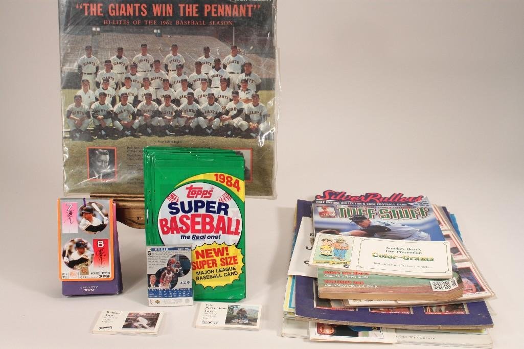 Baseball Ads & Memorabilia: 1984 Topps Super Baseball Picture cards, 1962 Giants Hi-lites records vinyl album, potato chip advertisement, Smokey the Bear baseball color-grams, and more 