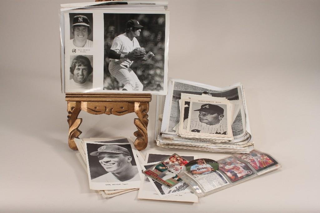 Vintage Baseball Photographs and Photo Cards: Black and white baseball player photographs from the 1970s & 80s, Willy Mays, Bill Mazeroski, Gaylord Perry, and others, show some wear