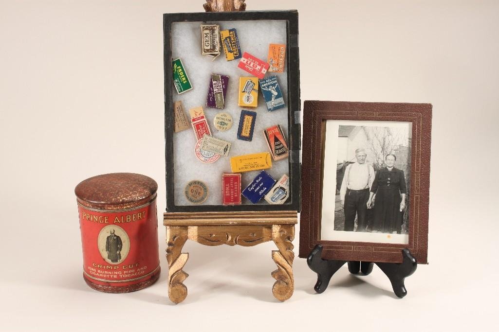 Vintage Razor Blades and Tobacco Tin: Prince Albert Tobacco tin can, and a display box with vintage razor blade brands, and a vintage black and white family photo