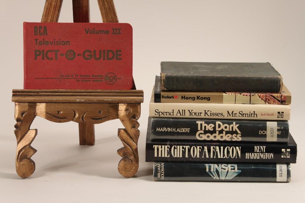 Vintage Book Collection (7): Titles include Tinsel, The Gift of a Falcon, The Dark Goddess, Spend All Your Kisses, Mr. Smith, Fordor's 91 Honk Kong, Rumford Complete Cookbook, and RCA Television Pict-O-Guide Volume III.