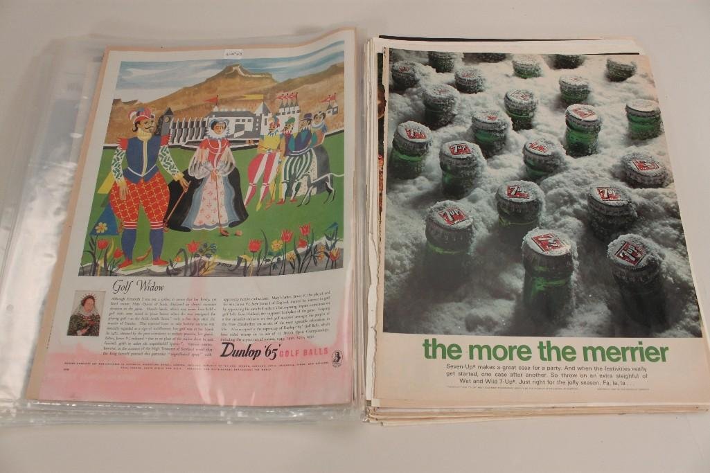 Vintage Advertisements (20+): Includes Dunlop Golf balls, Early Time Whiskey, Campbells Soup, Bell Telephone System, Borden's Hemo, Champion Spark Plugs, Dixie Cups, Coca-cola, Chesterfield Cigarettes, all are in sleeves