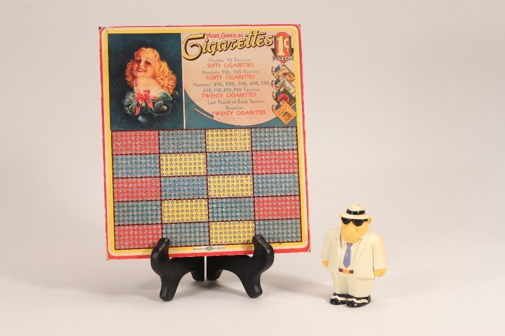 Cigarette Momorabelia: Hamilton MFG Co. punch board, and a 1993 Camel Cigarette camel pepper shaker