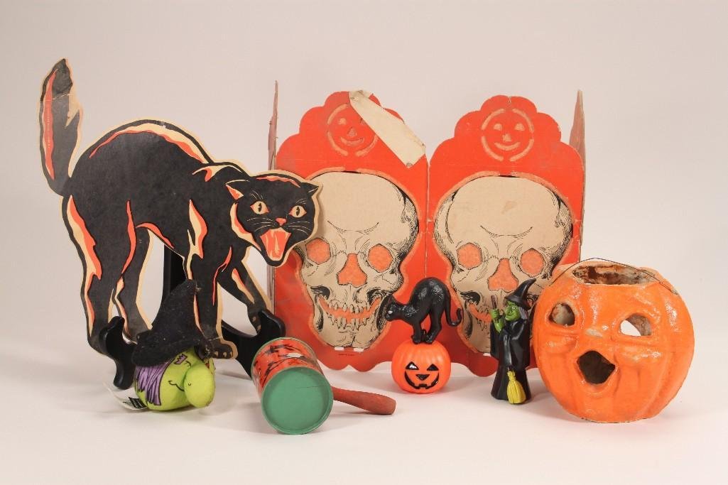 Vintage Halloween Decorations: Jack-o'-lantern, paper cats and skulls, noise maker and more 