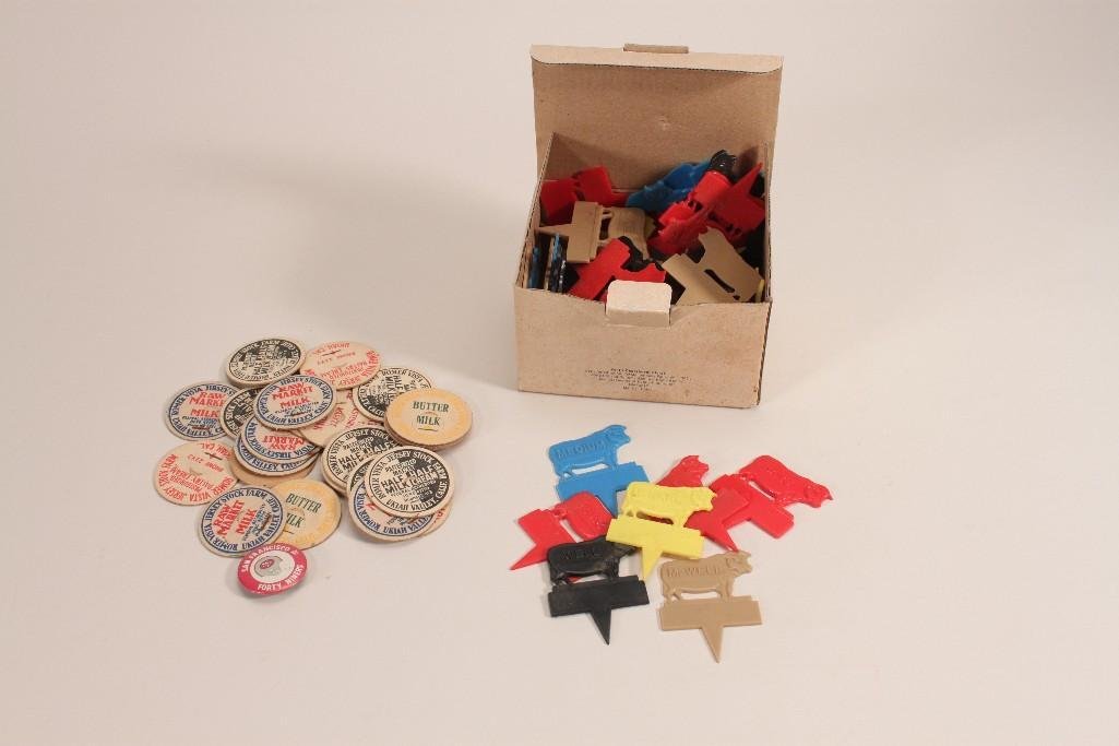 Vintage Milk Bottle Inserts: Unused inserts are from Romer Vista Jersey Stock Farm, skim milk, butter milk, half and half, raw market milk, and other inserts, plus plastic steak indicator picks