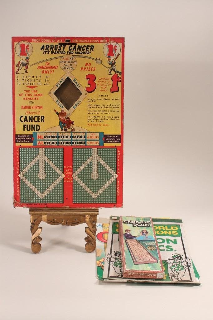 Vintage Collectibles: Items include a 1987 World Champions Boston Celtics Pennant, 1 cent baseball game, and solid hard wood cribbage board