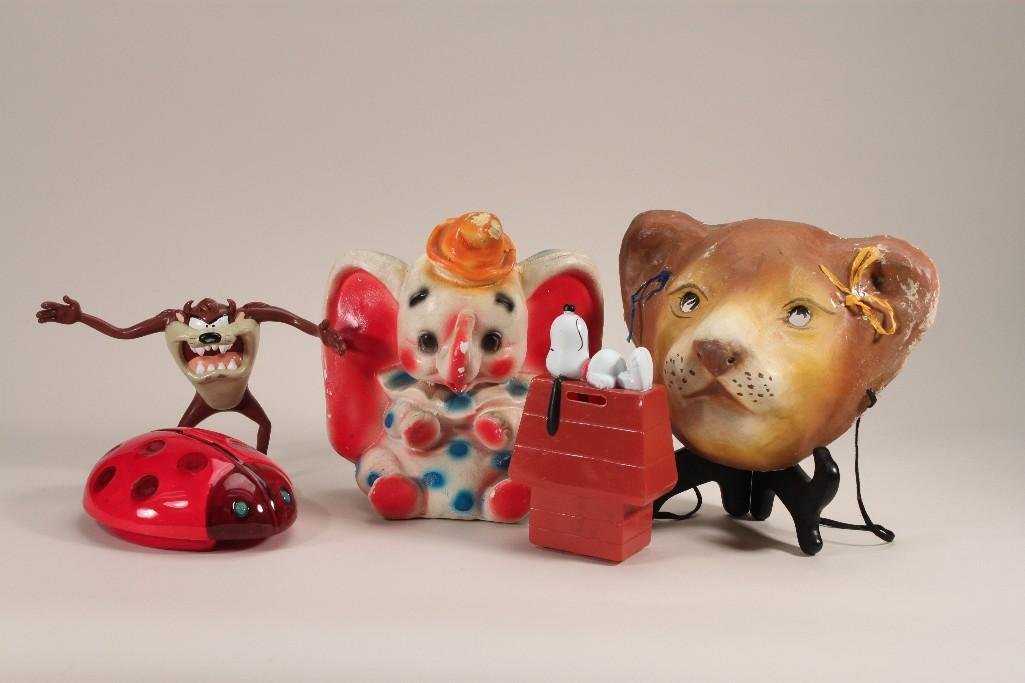 Childrens Vintage Collectible Toys: Vintage childs cat mask, ceramic lady bug bank, plastic Snoopy bank, ceramic Dumbo bank, and Tasmanian Devil figure 