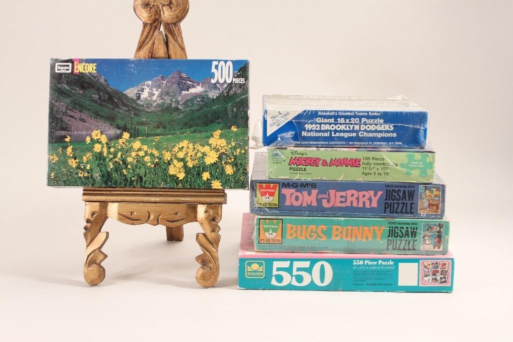 Vintage Jig Saw Puzzles (6): Includes 1952 Brooklyn Dodgers, 500 pieces mountain scene, Mickey and Minnie, Tom & Jerry, Bugs Bunny, and Barbie, (4) are wrapped in cellophane