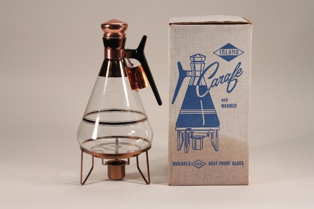 Vintage Inland Carafe and Warmer: In original box, durable heat proof glass, 11" tall, good condition