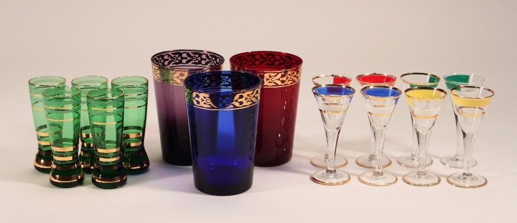 Vintage Bar Ware (16): (8) Multi colored liquor stem glasses, (5) trimmed in gold liquor glasses, and (3) 5" tall colored beverage glasses, all in good condition