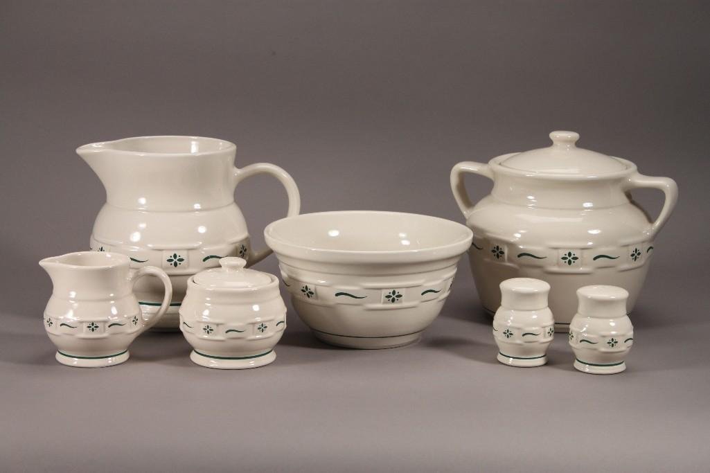 Longaberger Pottery Serving Ware (7): items includes: 8" diameter bowl, 7" tall pitcher, 8" tall cookie jar, salt and pepper shakers, cream and sugar, all are marked microwave, dishwasher, freezer, and oven safe. All in goo
