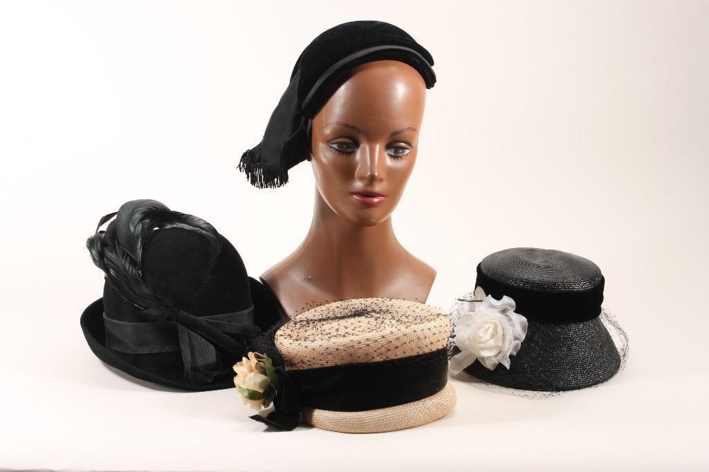 Vintage Ladies Hats (4): Noreen Fashion straw hat with black velvet bow and flower, Peck & Peck 5th Ave. New York flapper hat, Black velvet hat with black feathers, and a Union made black straw hat with white flower&