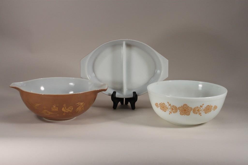 Vintage Pyrex Kitchenware (3): brown with gold 13" x 10.5" bowl with matching 12.5" x 8.5" divided dish, and a white with brown floral design 10" diameter