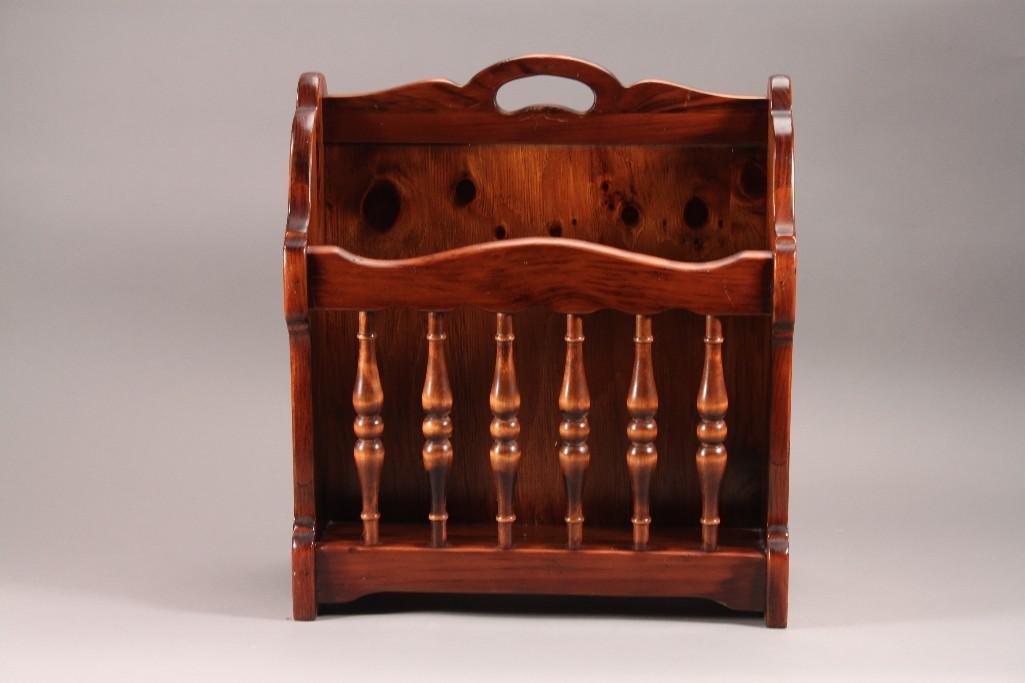 Pine Magazine Holder: 2 large slots, measures 16.5" X 18" X 10", good condition.