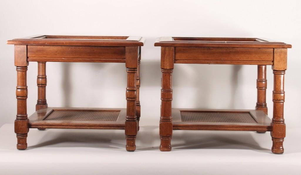 Side Tables (pair): Square tables measure 18"x18"x15" tall. Glass top inserts missing, bottom cane shelf. A few scuff marks, otherwise in good condition