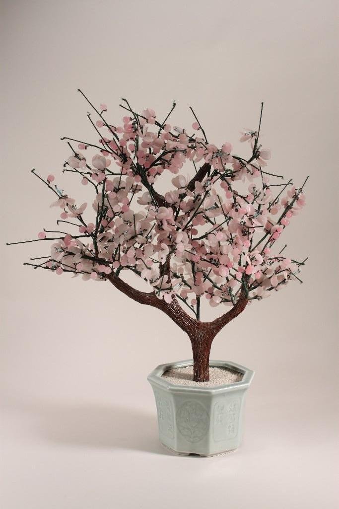 Asian Soapstone Floral Centerpiece: Celladon planter bowl, holds pink soapstone cherry blossom tree, measures 28" tall.
