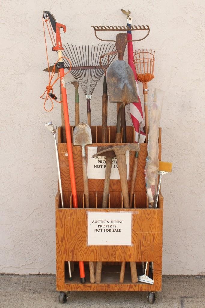Yard Tools: Items include rakes, hoe, shovel, American Flag, Sledge Hammer, and more, cart not included 