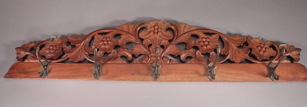Wood Carved Wall Mounted Coat Rack: 38" long, 7.5" tall, 5 hooks