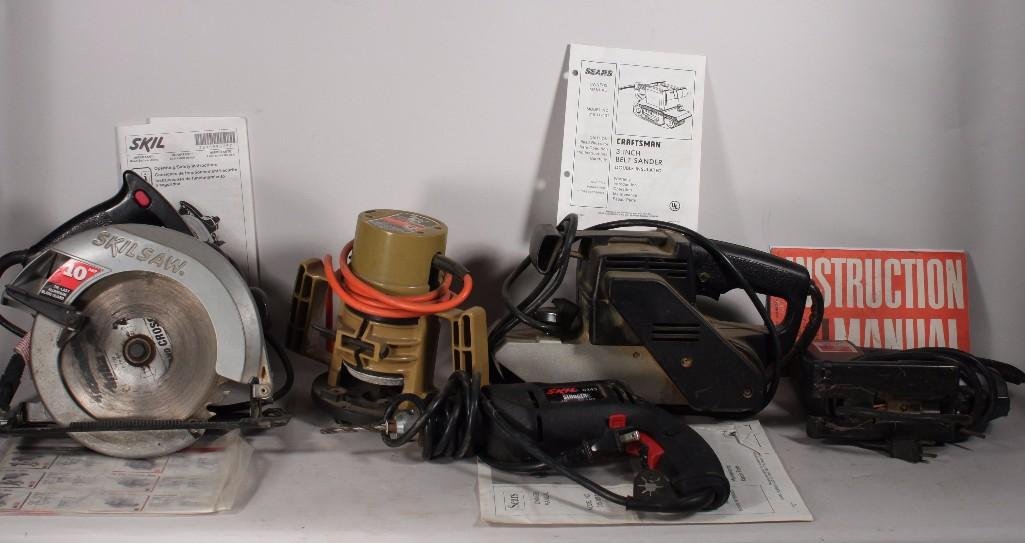 Electric Hand Tools (5): 10" Skilsaw, Craftsman belt sander, Skil Jigsaw, Skil electric drill, and a black& Decker router