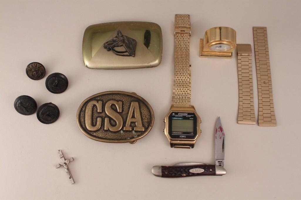 Men's Accessories: Includes 2 brass belt buckles, Casexx pocket knife, buttons, Timex Watch with extra band pieces and more.