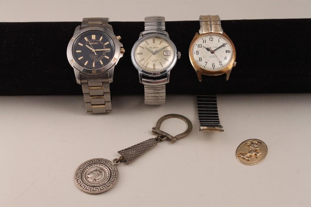 Men's Watches: Includes silver tone Helbros, Seiko, and gold tone Accutron (railroad approved, broken band), plus 1 keychain.