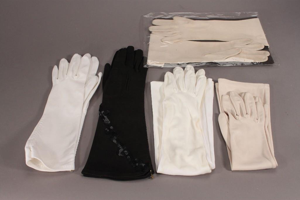 Vintage Ladies Gloves (5): Long dress gloves, 1 black with sequins, 2 white, and 2 beige. All in good condition.