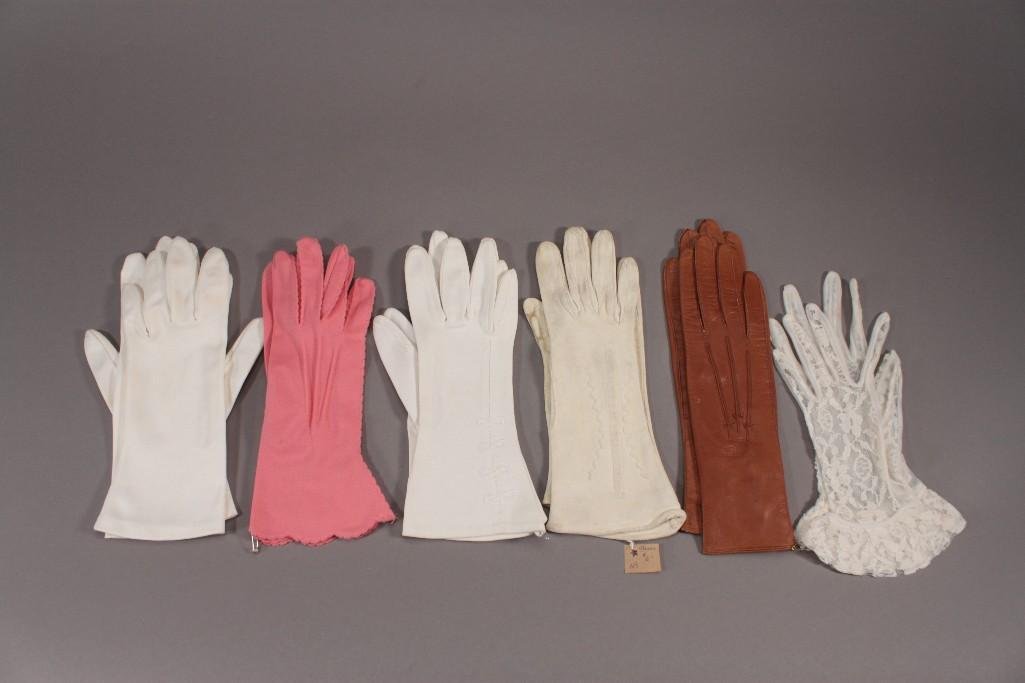 Ladies Vintage Gloves (6): One white and one brown suede pair of gloves, one white lace pair and three other pairs.