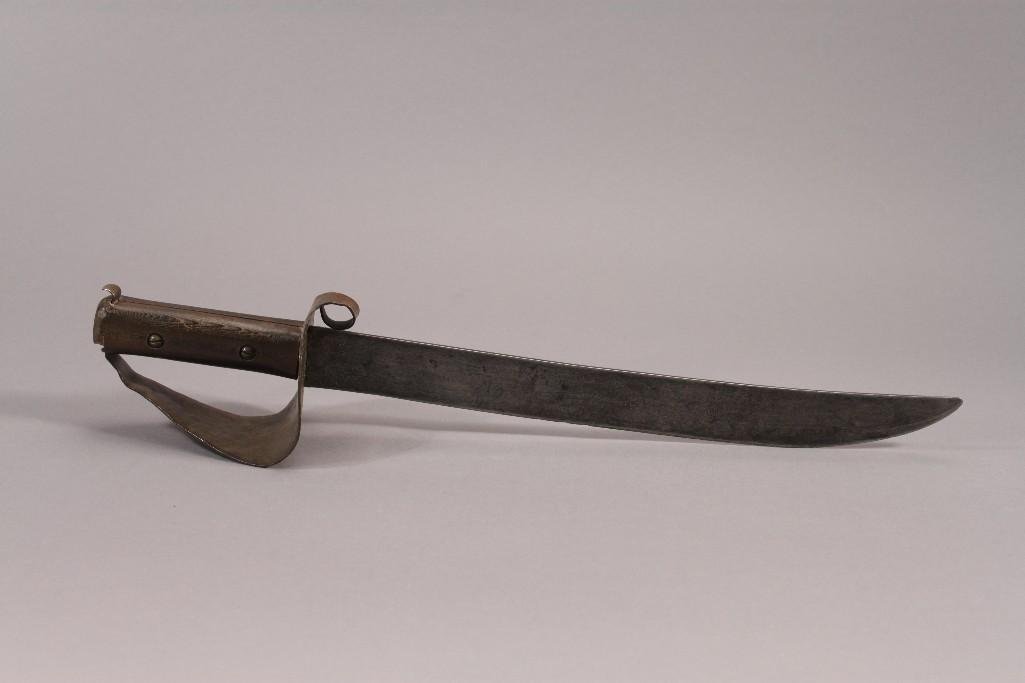 Handmade Cutlass Knife: Brass hand guard, wood handle, 18" long.