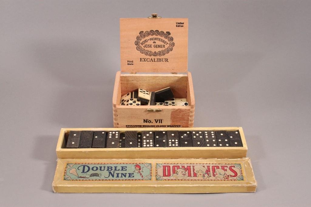Domino Game pieces: Double Nine Domino game pieces in original box and double six white and black domino pieces in a cigar box.