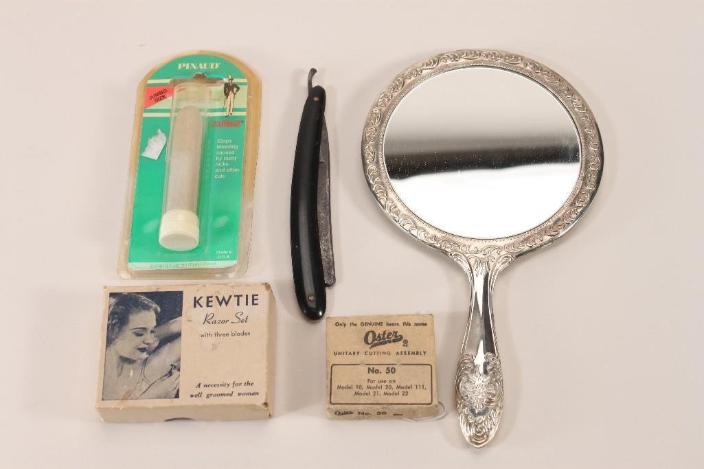 Vintage Accessories: Items include silver plate hand mirror, straight razor, Styptic pencil (NIB), Oster box, Kewtie razor set box (includes blades, No razor), and more 